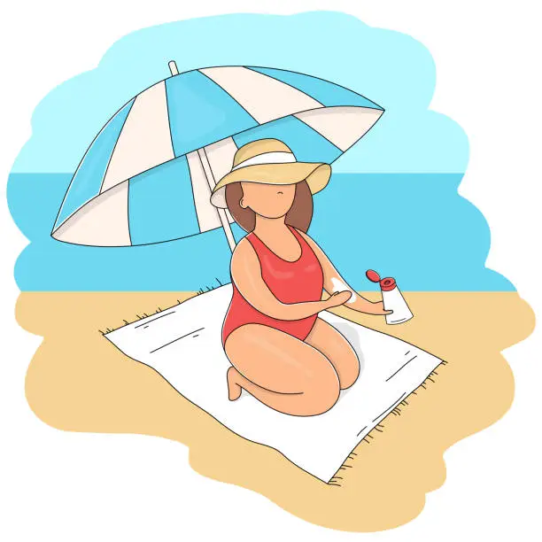 Vector illustration of Woman in a hat and under a beach umbrella smears sunscreen on her body.