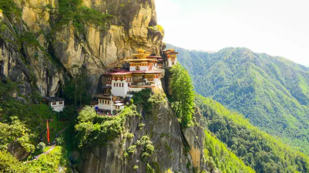 Photo of The most famous attraction of the Kingdom of Bhutan is the Taktshang Monastery in a mountain cliff. Also know as 'Tigers Nest'
