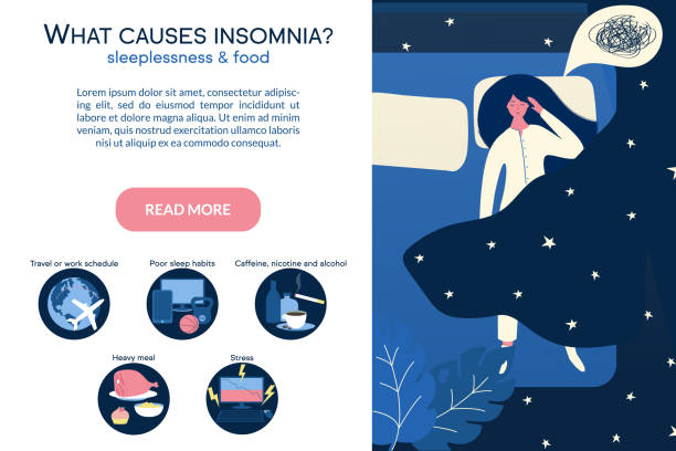 reason of insomnia Female insomniac lying in bed at night. Tired woman suffer from sleeping disorder, insomnia, nightmare, sleeplessness. Sleepy character trying to fall asleep. What causes insomnia banner. insomnia illustrations stock illustrations