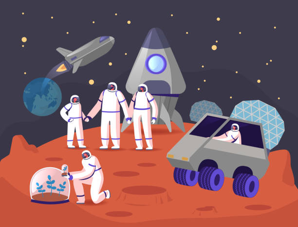 istock Mars Colonization Concept. Astronauts Family Characters on Red Planet Surface. Father Mother and Child in Space Suits near Rocket, Planting Sprout Under Glass Dome. Cartoon People Vector Illustration 1215500715
