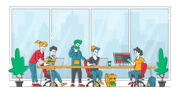 Vector illustration of Business People Characters Sitting at Desk Discussing Idea in Office. Team Project Development, Teamwork Process. Creative Employees Working on Laptops and Communicate. Linear Vector Illustration