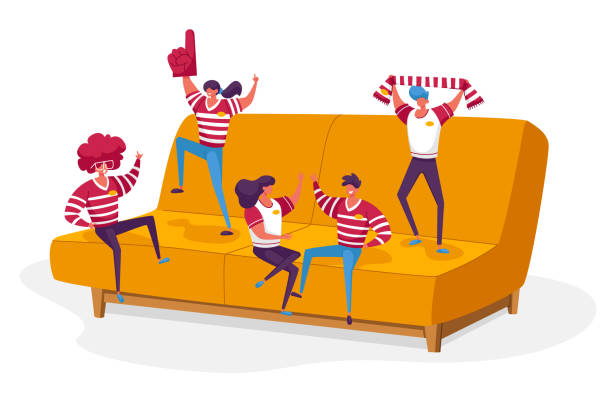 Group of Happy Fans Cheering for their Team Victory and Success. Tiny Male Female Characters with Funny Attribution and Uniform Sitting and Jumping on Huge Couch. Cartoon People Vector Illustration Group of Happy Fans Cheering for their Team Victory and Success. Tiny Male Female Characters with Funny Attribution and Uniform Sitting and Jumping on Huge Couch. Cartoon People Vector Illustration sofa illustrations stock illustrations