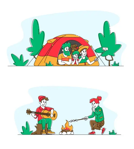 Vector illustration of Young Couple Sitting at Campfire in Forest Singing Songs, Playing Guitar and Frying Marshmallow. Tourists Family Characters in Tent at Summer Camp, Traveling Leisure. Linear People Vector Illustration