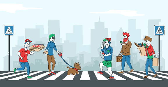 People Pedestrians Walking on City Street by Zebra. Men and Women Characters Walking and Traveling on Urban Background with Traffic Lights and Crosswalk Moving by Road. Linear Vector Illustration