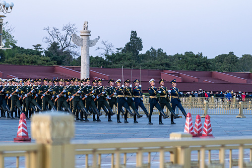 Persekutuan Region, Putrajaya, Malaysia - Aug 29 2018: Merdeka celebration event at Putrajaya. Soldier carry large Malaysia flag