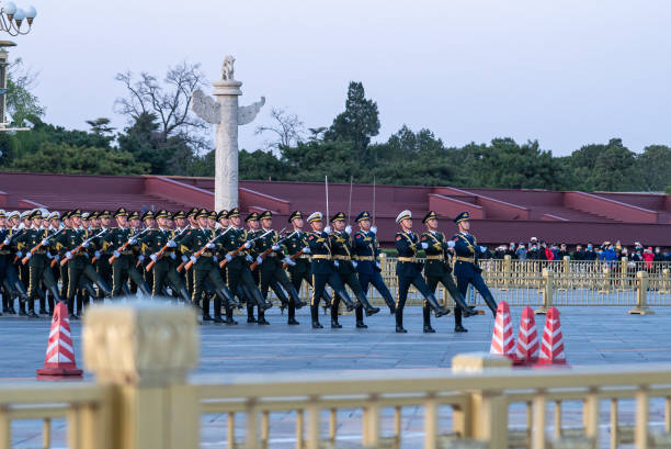 beijing tiananmen national flag guard troops marching - guard of honor imagens e fotografias de stock