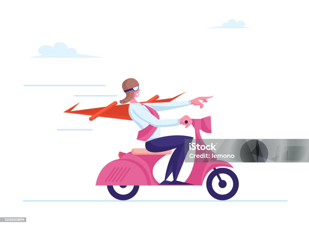 Superhero Character Wearing Red Cloak And Pilot Helmet Riding Scooter  Pointing Direction With Finger Super Employee Business Success Leadership  Professionalism Concept Cartoon Vector Illustration Stock Illustration -  Download Image Now - iStock