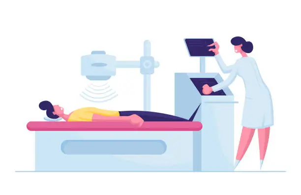 Vector illustration of Patient Character Lying Down on X-ray or Mri Scan Machine with Nurse. Magnetic Resonance Imaging Digital Technology in Medicine Diagnostic. Medical Health Care. Cartoon People Vector Illustration