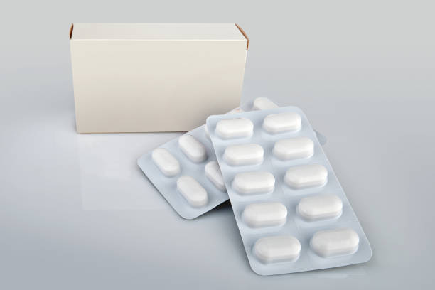 Pills blister out from the box over Gradient background with shadow and reflection. Clipping path
