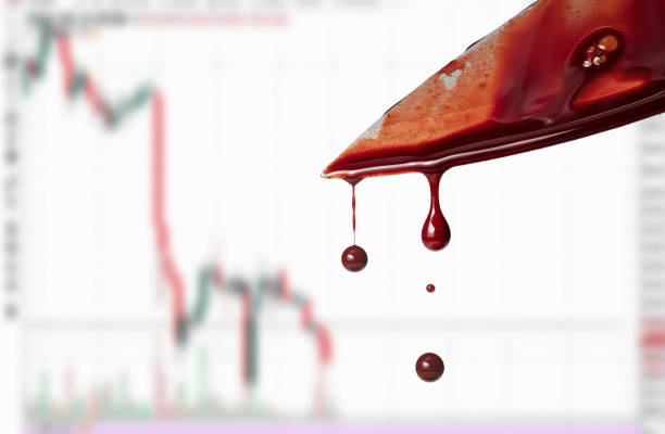 Financial crisic concept Financial crisic concept, bloody knife over decreasing stock chart with copy space bloody money stock pictures, royalty-free photos & images