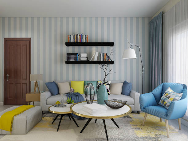 istock 3D rendering, spacious living room design of modern residence, with sofa, tea table, decorative painting, etc 1215505174