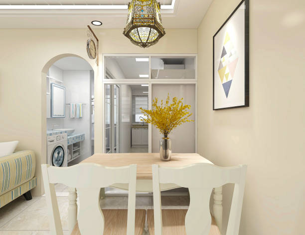 istock 3D rendering, warm dining room area design, wooden table and chair 1215506392