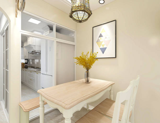 istock 3D rendering, warm dining room area design, wooden table and chair 1215506403