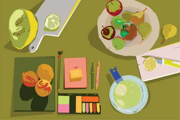 Vector illustration of Workspace top view stock illustration - notebook, sticky notes, pens, folder, lemons, apples and lemonade