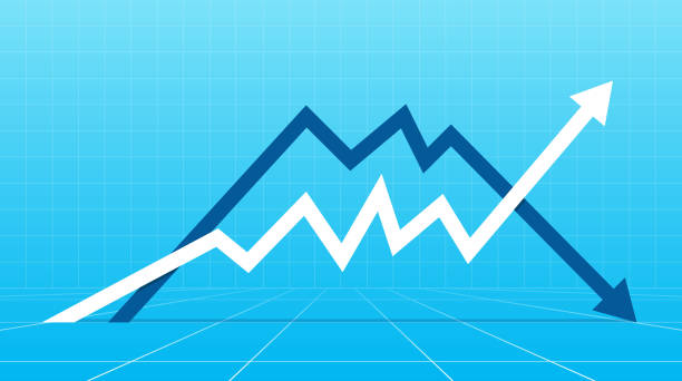 illustrations, cliparts, dessins animés et icônes de flèches de haut en bas. concept de bourse montrent sur le profit et le commerce des pertes de trader. - decline