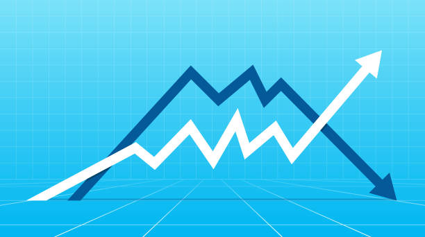 Up and down arrows. Stock exchange concept show about profit and loss trading of trader. Financial Arrow Graphs on a blue background. moving down stock illustrations