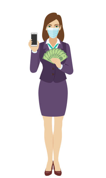 ilustrações, clipart, desenhos animados e ícones de mulher de negócios com máscara médica segurando um celular e dinheiro. retrato completo da empresária em um estilo plano. - business mobile phone telephone women