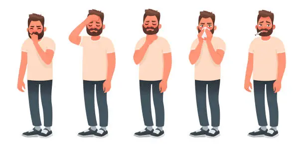 Vector illustration of Symptoms of a viral infection and respiratory illness. A sick man coughs and sneezes. Headache, sore throat, runny nose, fever.