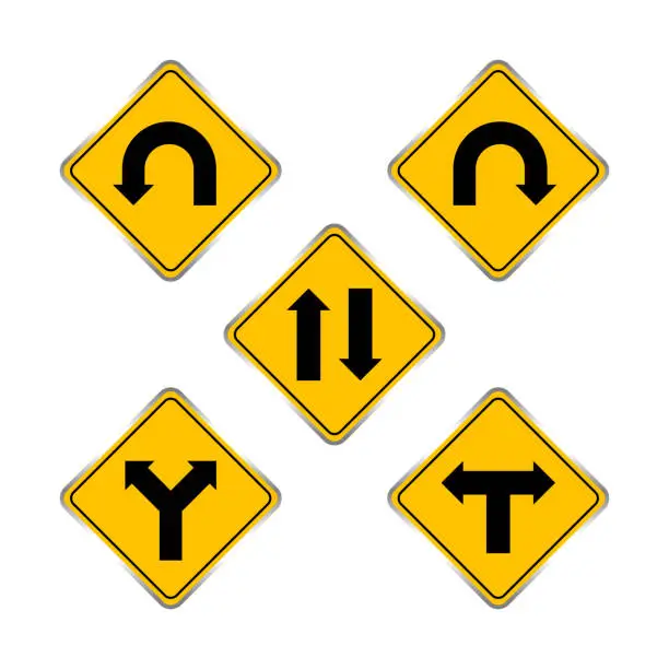 Vector illustration of road signs yellow set, traffic road sign yellow isolated on white, signpost caution for direction, road sign and black arrow pointing