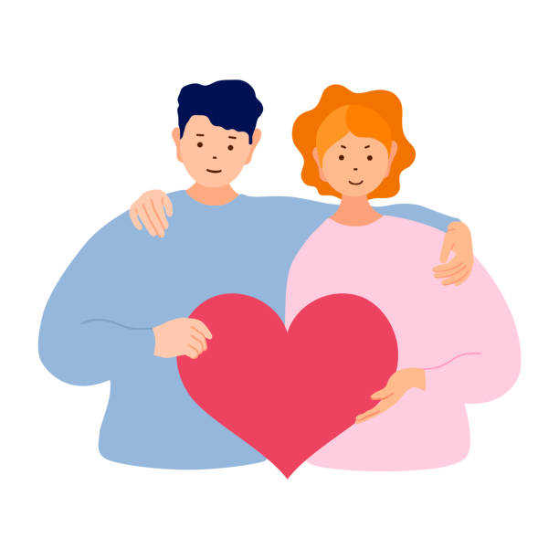 illustrations, cliparts, dessins animés et icônes de homme et femme avec un coeur dans leurs mains. couple amoureux. illustration de vecteur. - valentines day love true love heart shape