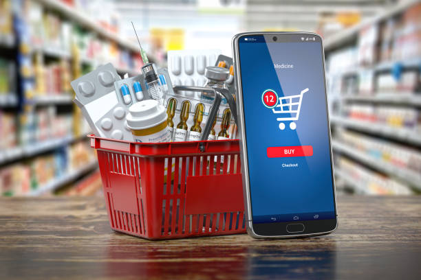 Mobile service or app for purchasing medicines in online pharmacy drugstore. Smartphone and shopping basket full of medicines. Mobile service or app for purchasing medicines in online pharmacy drugstore. Smartphone and shopping basket full of medicines. 3d illustration online buying meds stock pictures, royalty-free photos & images