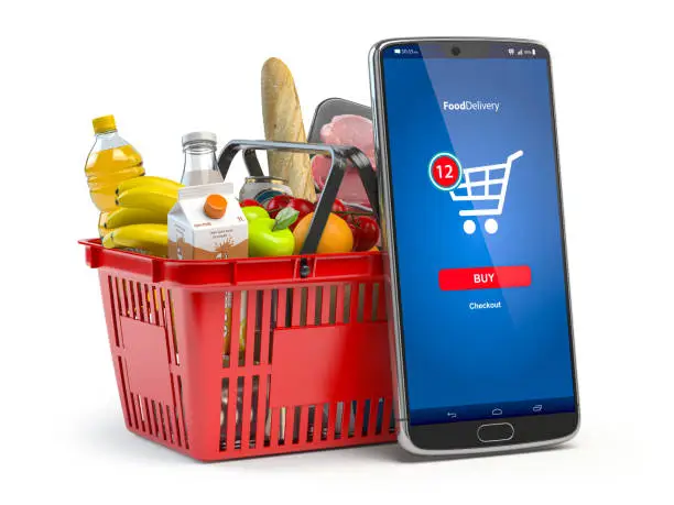 Photo of Shopping basket with fresh food isolated on white. Grocery supermarket, food and eats online buying and delivery concept.