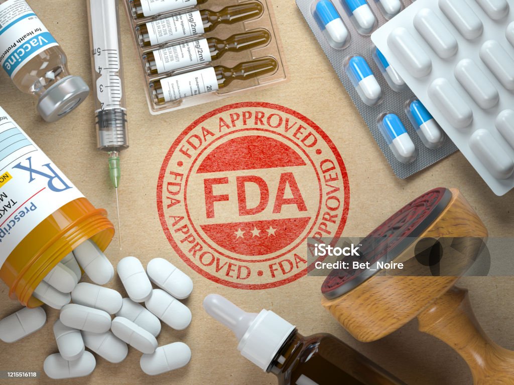FDA approved concept. Rubber stamp with FDA and medicine. FDA approved concept. Rubber stamp with FDA and medicine. 3d illustration Food and Drug Administration Stock Photo