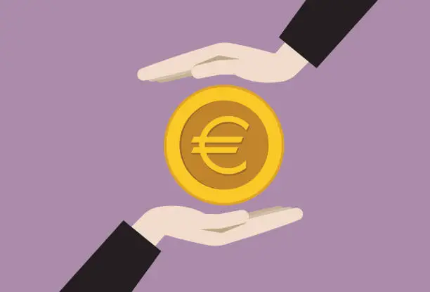 Vector illustration of Two businessman hands with a euro coin