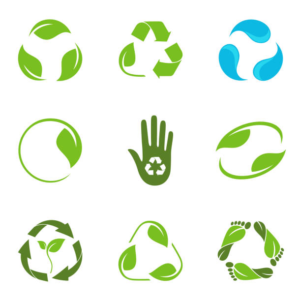 illustrazioni stock, clip art, cartoni animati e icone di tendenza di set di simboli di riciclaggio - leaf environmental conservation green water