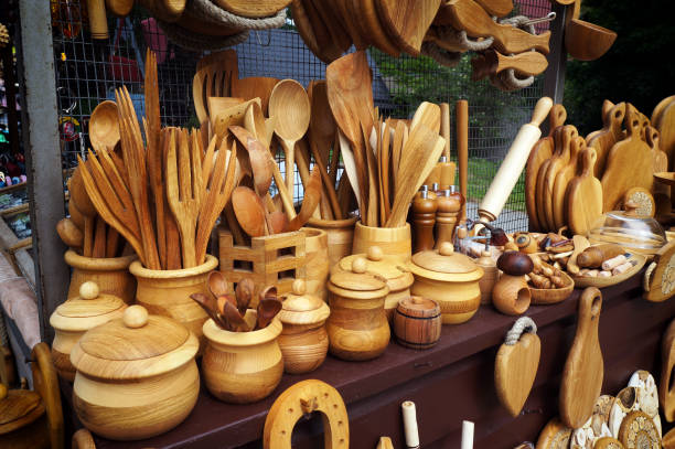 istock Handicraft kitchenware and other handmade wooden souvenirs. 1215518627
