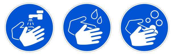 ilustrações de stock, clip art, desenhos animados e ícones de wash your hands sign. simple white drawing with water tap, drops and soaps in blue circle. can be used during coronavirus covid-19 outbreak prevention - washing hands hygiene human hand faucet