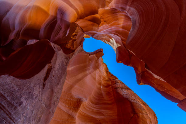 Beautiful view of amazing sandstone formations in famous Antelope Canyon on a sunny day near town Page. Arizona, USA Beautiful view of amazing sandstone formations in famous Antelope Canyon on a sunny day near town Page. Arizona, USA page arizona stock pictures, royalty-free photos & images