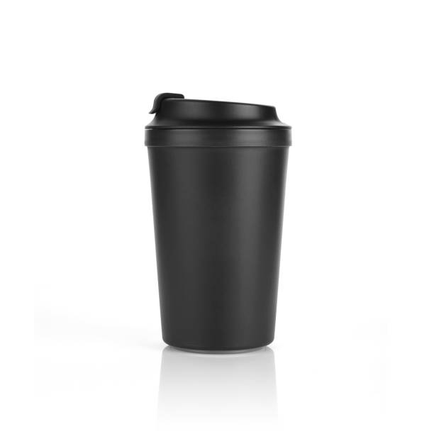 istock Black colour anti slip suction coffee mug isolated on white background. Front view with reflection. Suitable for hot & cold beverage. 1215520641