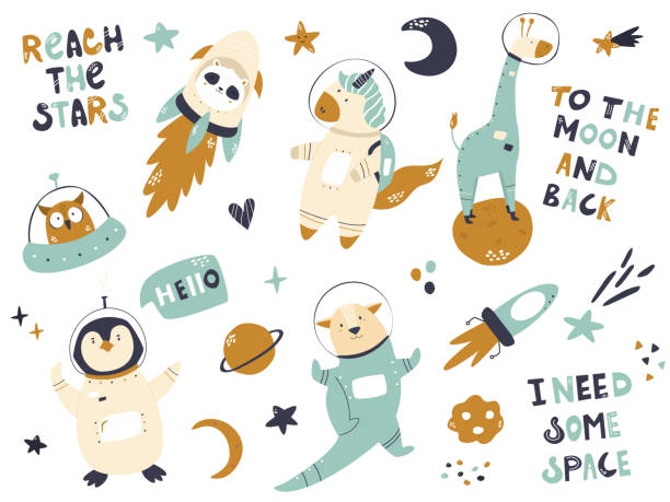 большой набор астронавтов животных и космических животных единорога, панды, жирафа, пингвина. выдра. очаровательный дизайн персонажей. илл� - text animal owl icon set stock illustrations