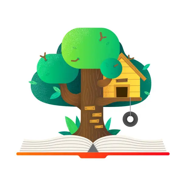 Vector illustration of Open book with tree house. House on tree for kids. Vector concept of adventure story for children. Flat cartoon illustration of reading.