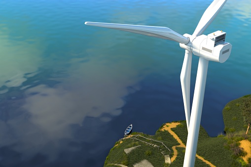 3D illustration of wind turbines on the island