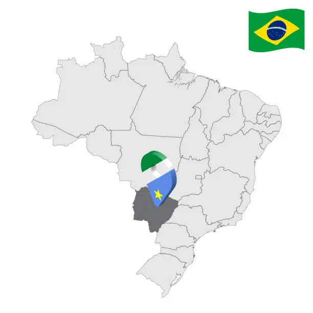 Vector illustration of Location of Mato Grosso do Sul on map Brazil. 3d Mato Grosso do Sul location sign similar to the flag of Piaui. Quality map  with regions of Brazil. Federal Republic of Brazil. EPS