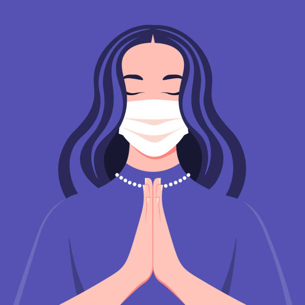 ilustraciones, imágenes clip art, dibujos animados e iconos de stock de una joven lleva máscara médica reza a dios. retrato de una chica con los ojos cerrados en el templo. coronavirus. - female meditating human hand christianity