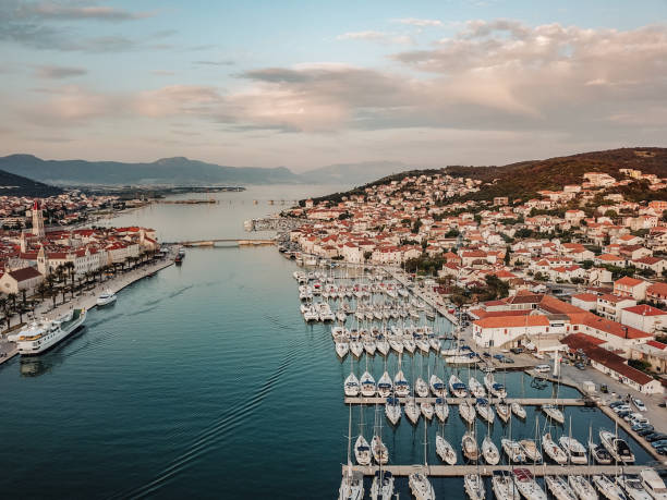 Aerial view, sailing yachts, motor yachts and catamarans, Croatia stock photo