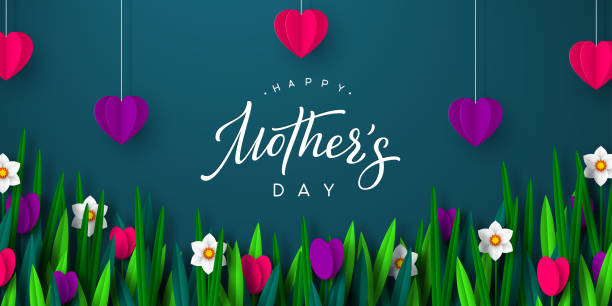 Happy Mothers day poster. Happy Mothers day poster. 3d paper cut bouquet of spring flowers tulip and narcissus with hanging hearts, blue background. Handwritten calligraphy. Vector illustration. happy day stock illustrations
