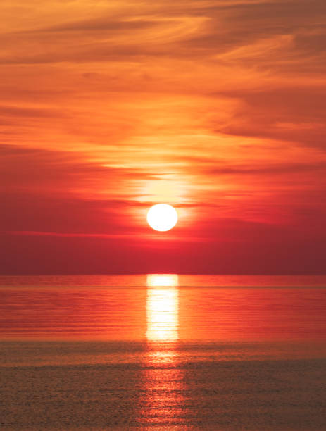 istock Peaceful orange red sea sunrise (vertical) 1215524527