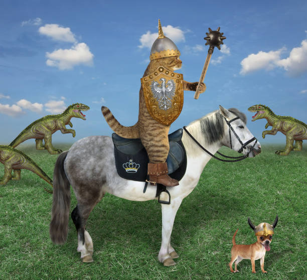 Cat on horse hunting for dinosaurs