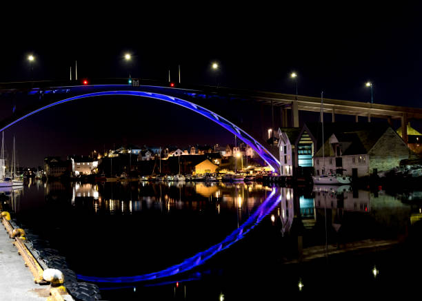 Colour illuminated Risoy Bru bridge in Haugesund city centre the evening stock photo