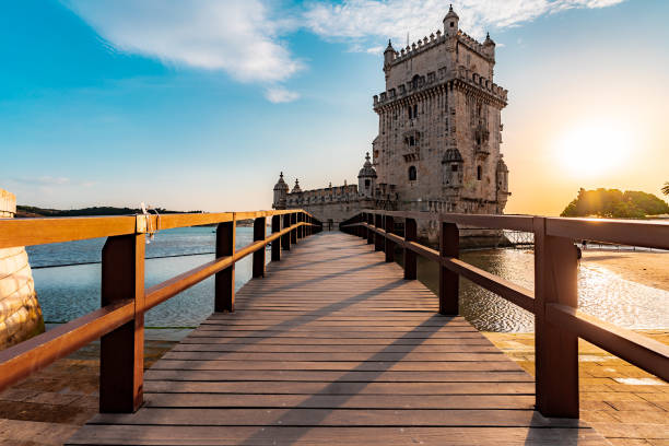 Small bridge leading to tower of Belem in Lisbon, Portugal stock photo