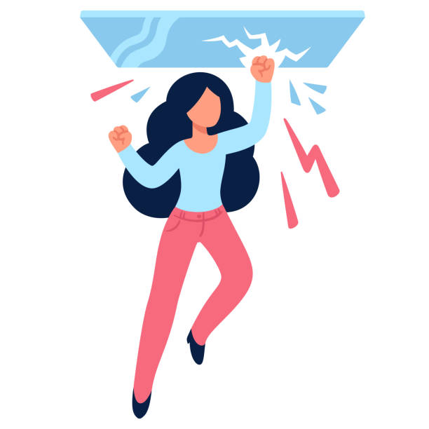 Business woman breaking glass ceiling Cartoon woman drawing breaking glass ceiling. Sexism issues in work culture. Simple flat vector style illustration. ceiling illustrations stock illustrations