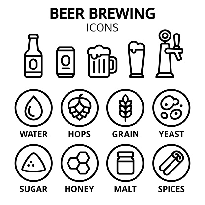 Beer brewing icon set. Beer making ingredients, glasses and containers. Simple line icons, vector illustration.