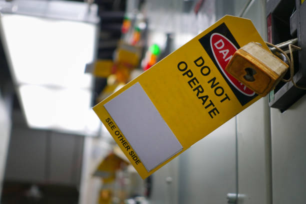 Yellow Lock out & Tag out for Lock station,machine - specific or switch gear roomd evices and safety first point, Cyber security or safety industrial concept.