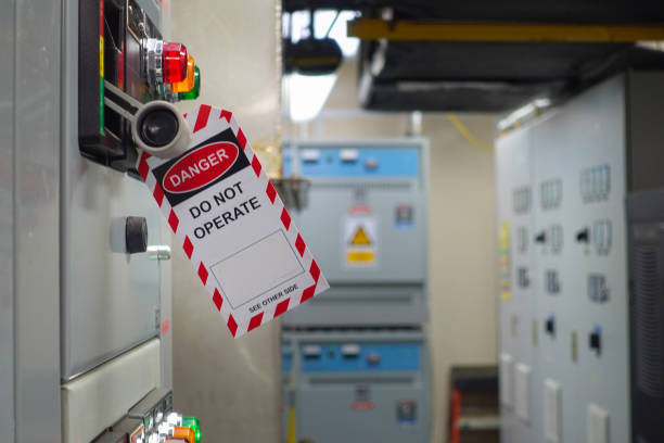 istock Red, white Lock out & Tag out for Lock station,machine - specific or switch gear roomd evices and safety first point, Cyber security or safety industrial concept. 1215532196