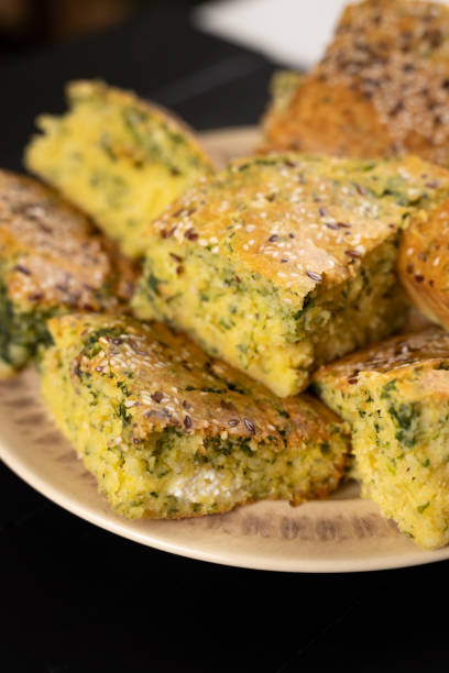 Baked Cornbread with Spinach and served on the plate stock photo