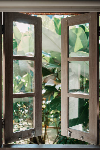 istock Wooden window frame with opened parts against natural background 1215538500